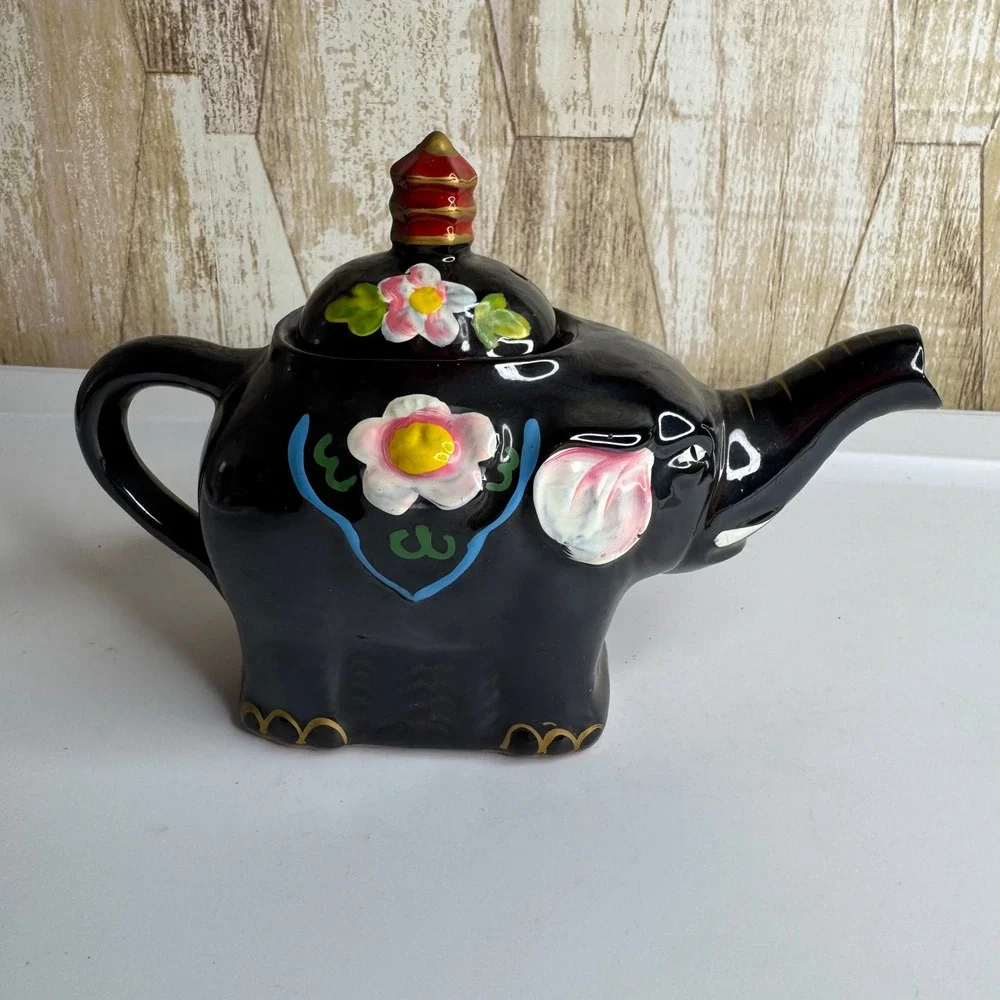 Vintage Black Elephant Teapot Ceramic Floral Design with Lid‎ Unique Collectible